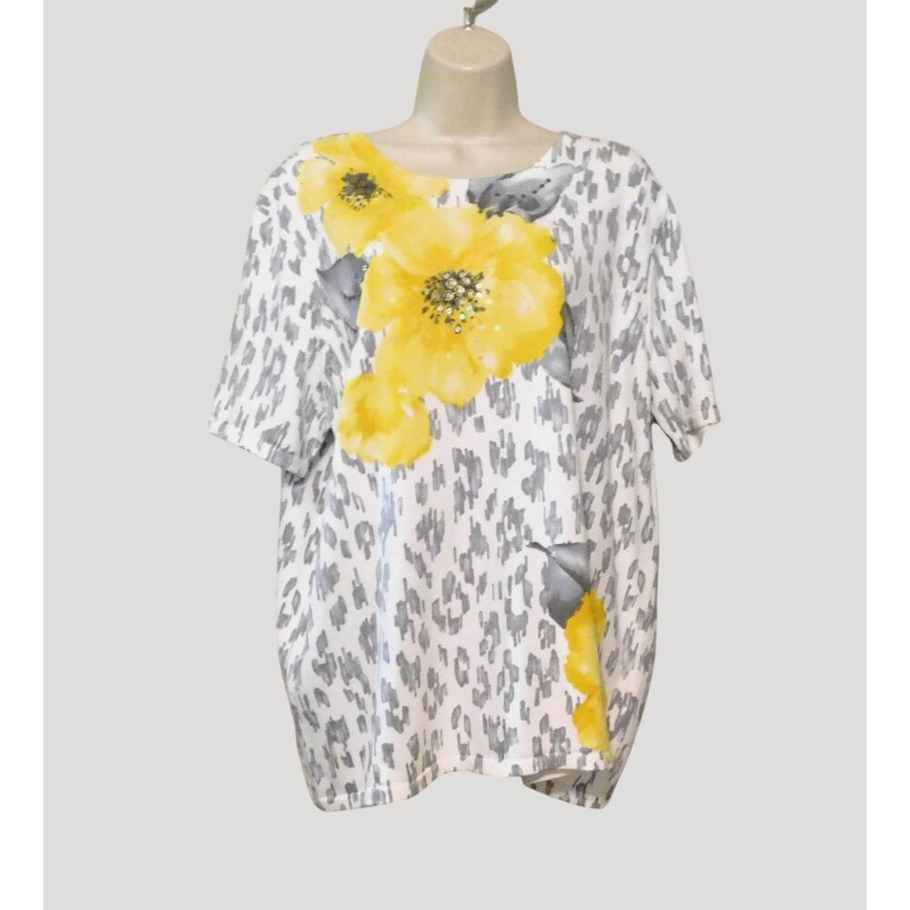 Alfred Dunner Sweater Top XL White Gray Animal Print Yellow Floral Cotton